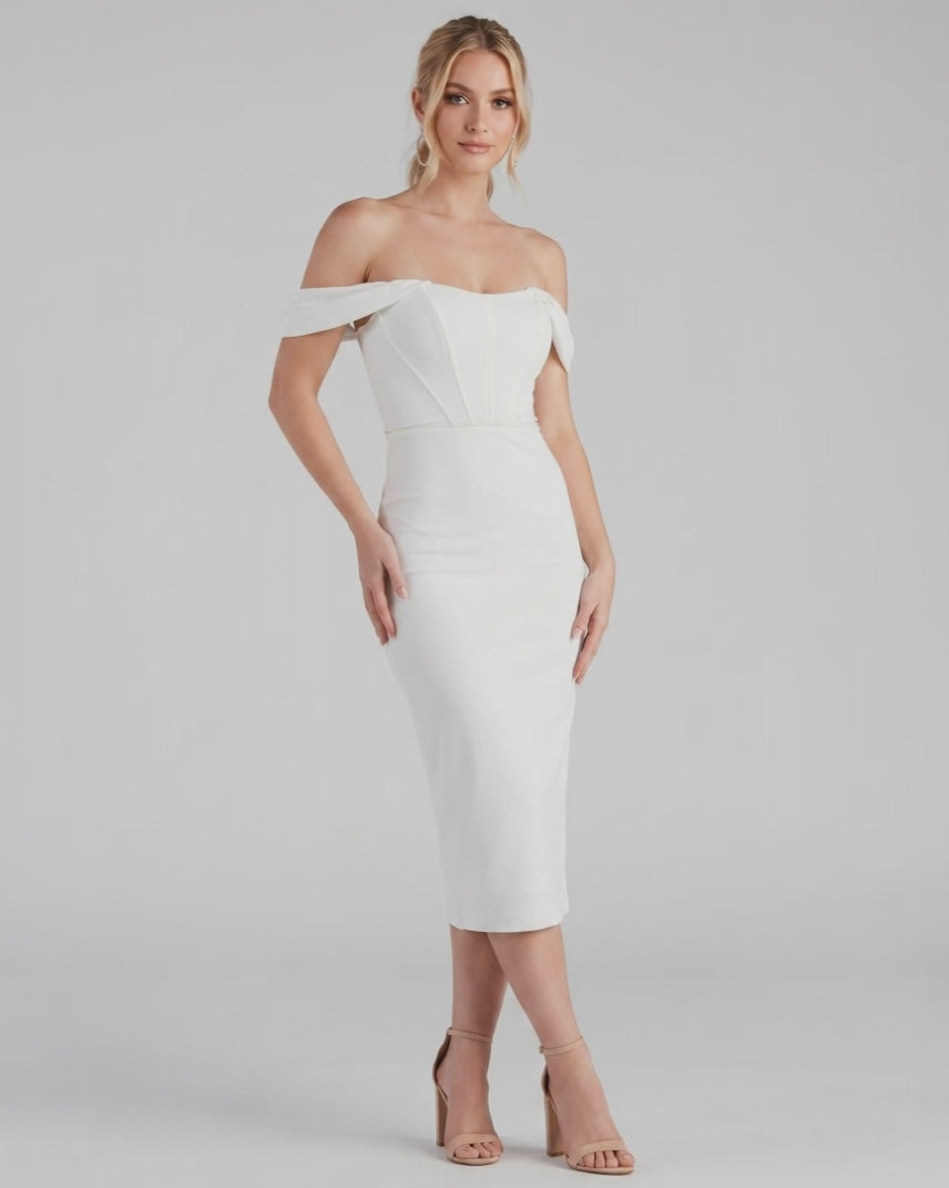 Celeste Midi Dress by Lauven — crepe-lined off-shoulder corset fitted midi dress
