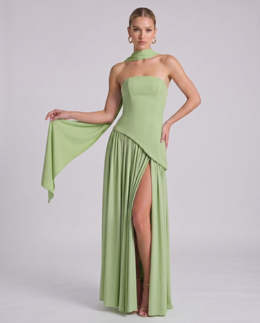 Aureline Maxi Dress by Lauven — chiffon strapless halter pleated maxi dress with slit