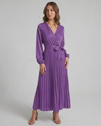 Elara Maxi Dress by Lauven — satin long sleeve V-neck A-line maxi dress with pleats and tie waist