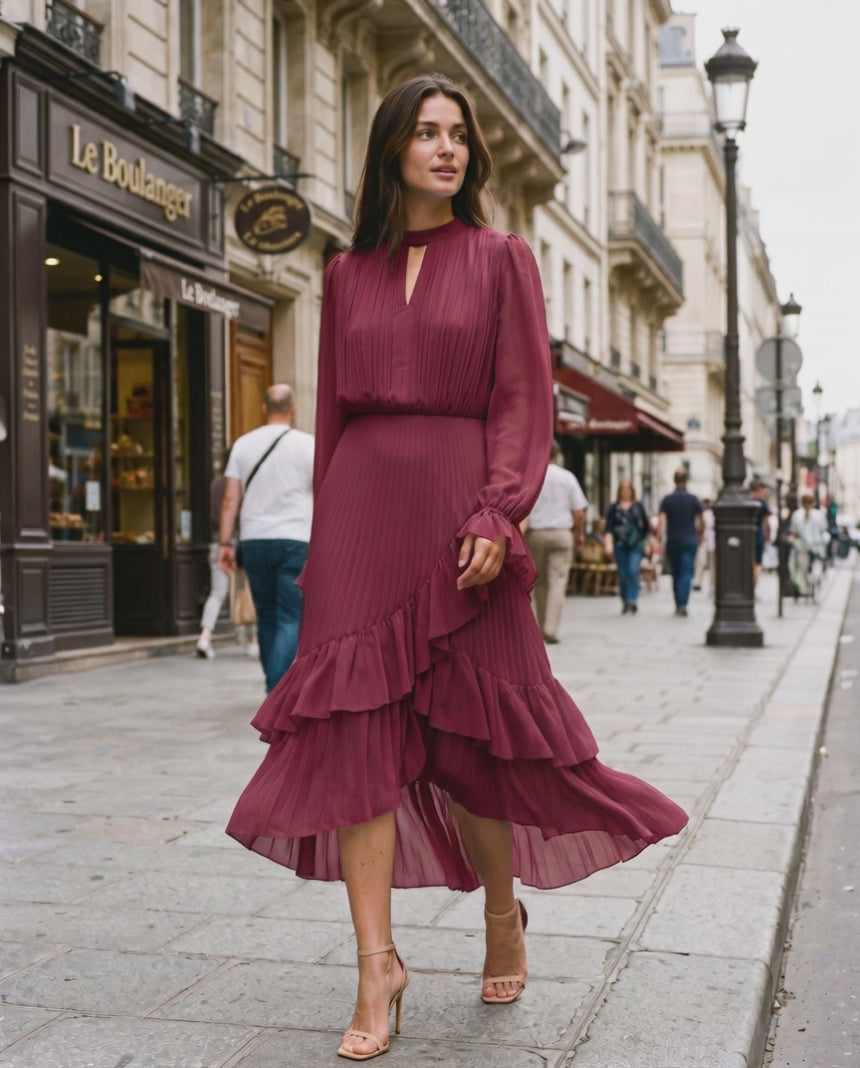 Elara Midi Dress by Lauven — chiffon long sleeve keyhole neck A-line pleated midi dress