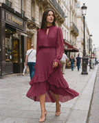Elara Midi Dress by Lauven — chiffon long sleeve keyhole neck A-line pleated midi dress