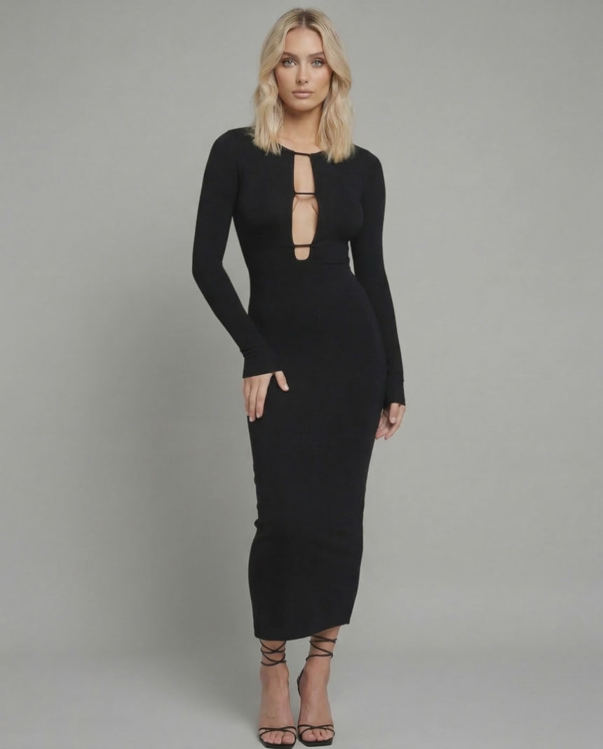 Celeste Midi Dress by Lauven – Sleek black ankle-length dress with hollow out detail for chic night events.