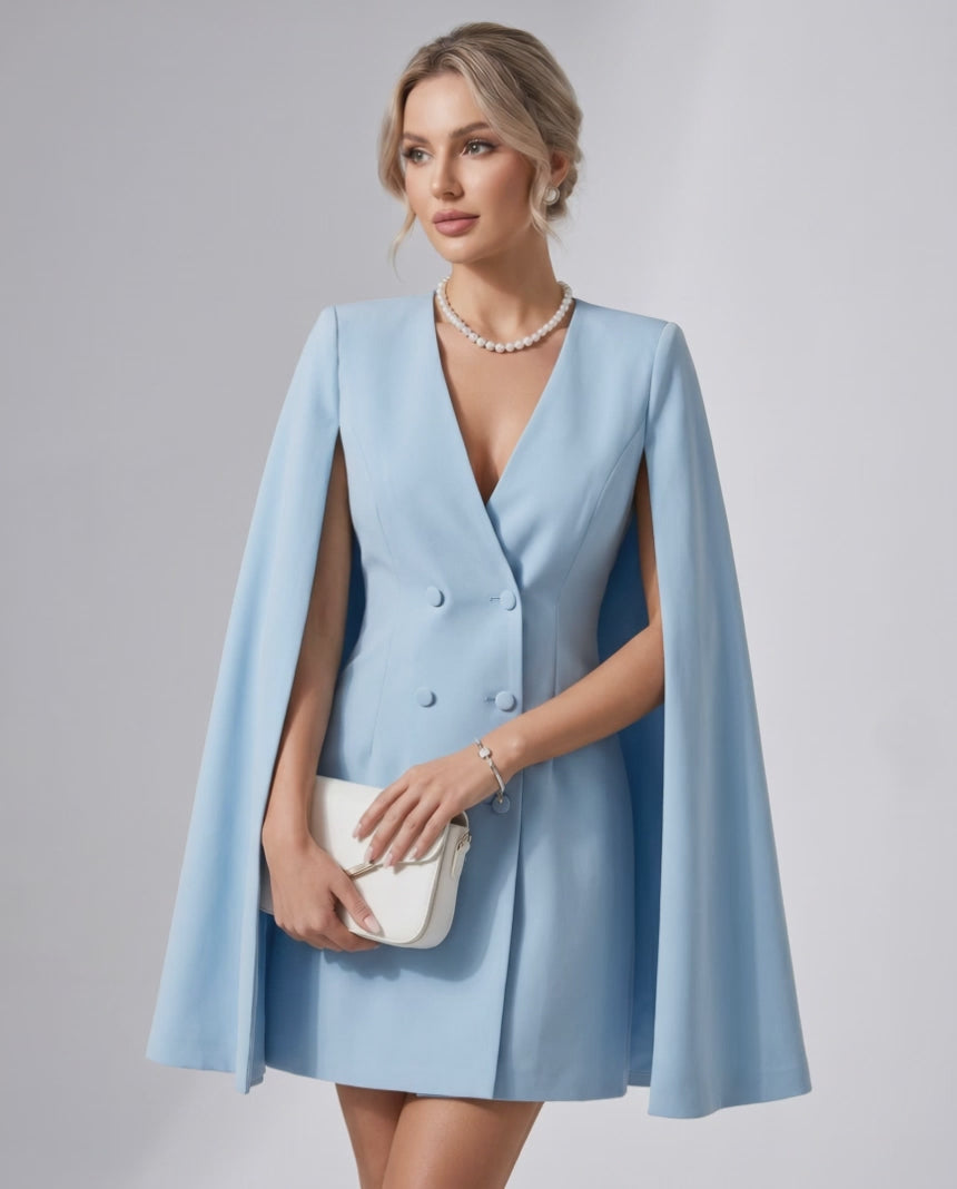 Celestia Mini Dress by Lauven — polyester blend cape sleeve V-neck tailored mini dress
