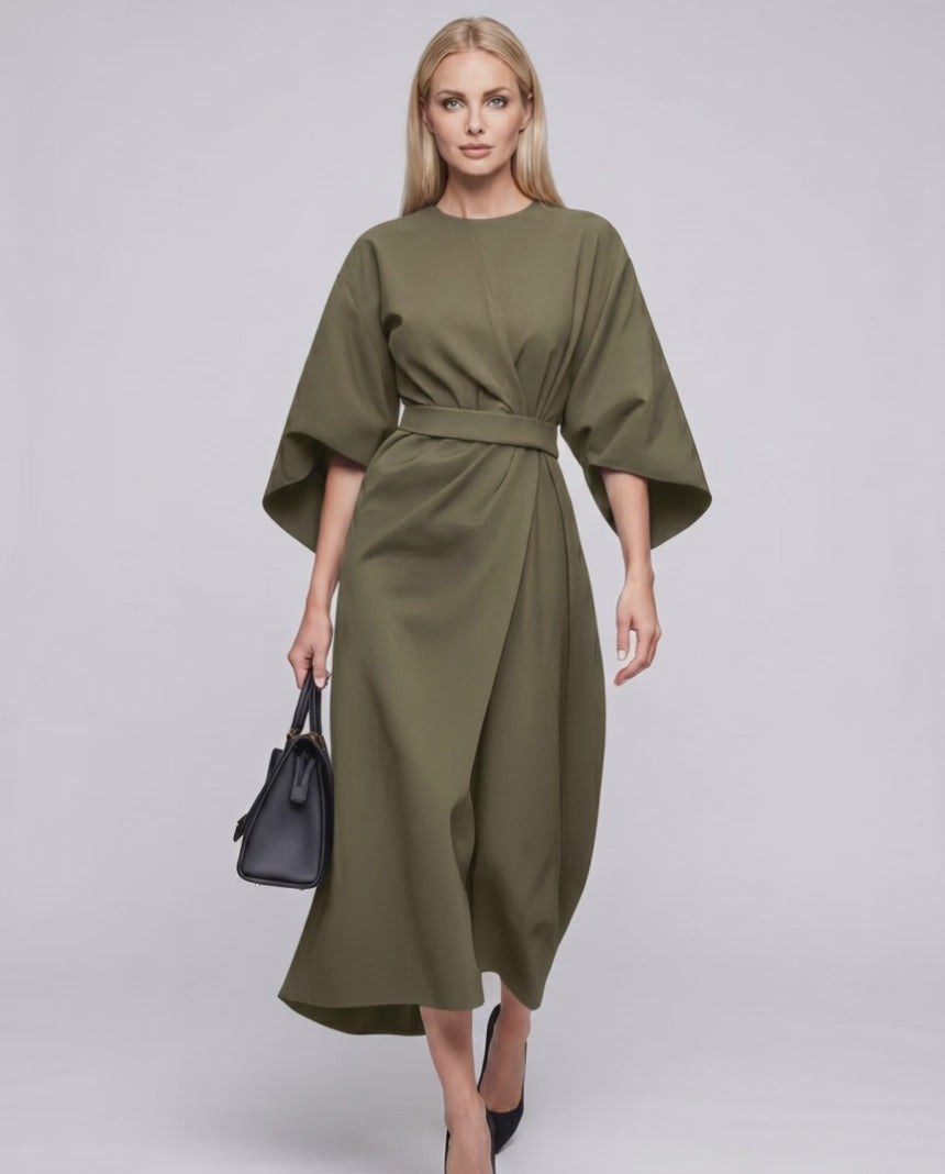 Celest Midi Dress by Lauven — breathable fabric lantern sleeve crew neck belted wrap midi dress