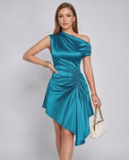 Serelle Mini Dress by Lauven — satin one shoulder asymmetric ruched mini dress