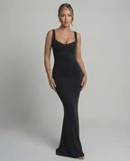 Selene Maxi Dress - Black slip silhouette, U-neck design, body-skimming finish by Lauven, elegant and minimalist.