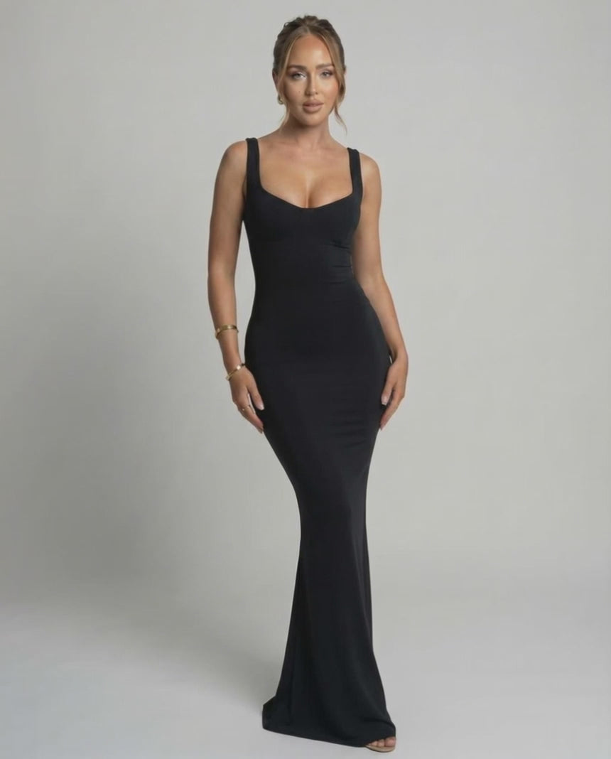 Selene Maxi Dress - Black slip silhouette, U-neck design, body-skimming finish by Lauven, elegant and minimalist.