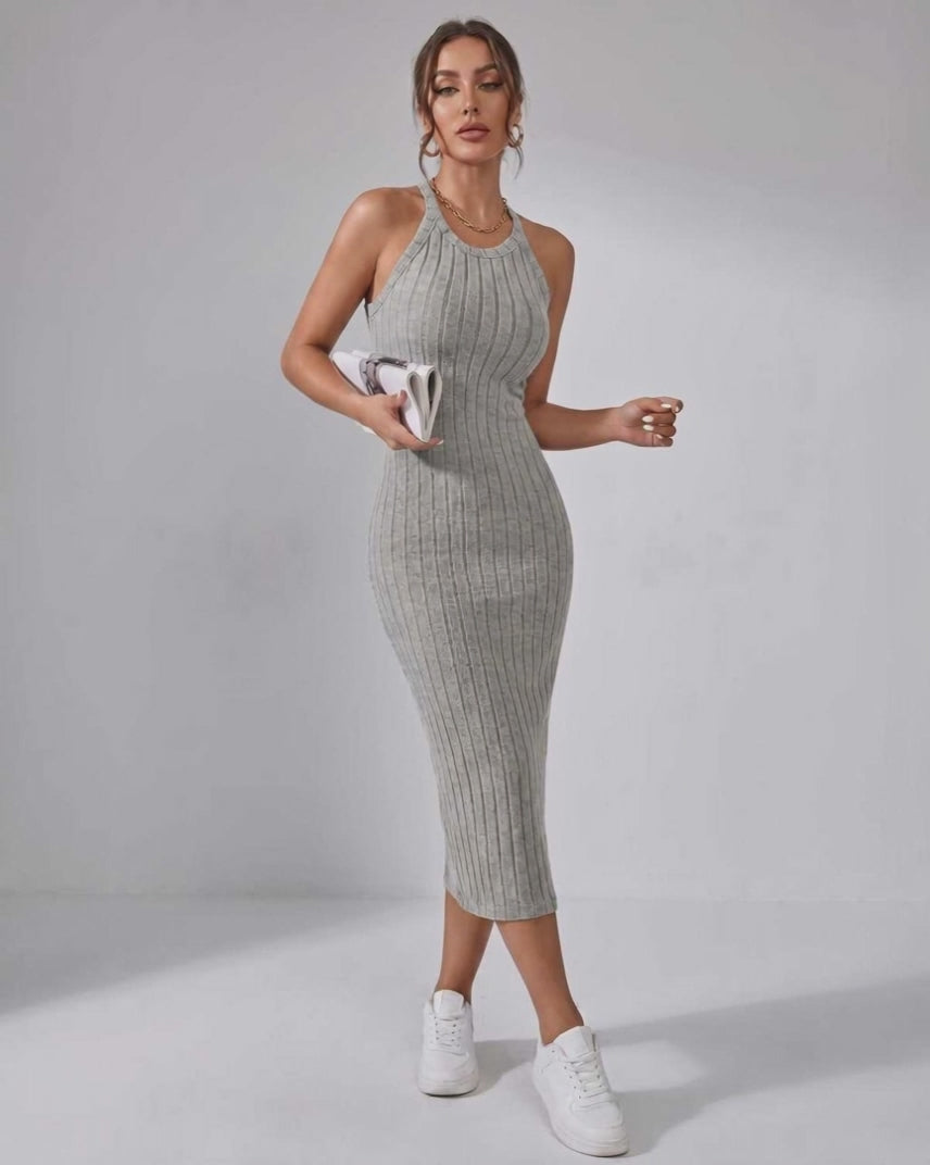 Lunara Midi Dress by Lauven — ribbed knit sleeveless crew neck slim-fit midi dress