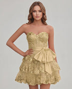Veloura Mini Dress by Lauven — lace appliqué strapless sweetheart tiered mini dress