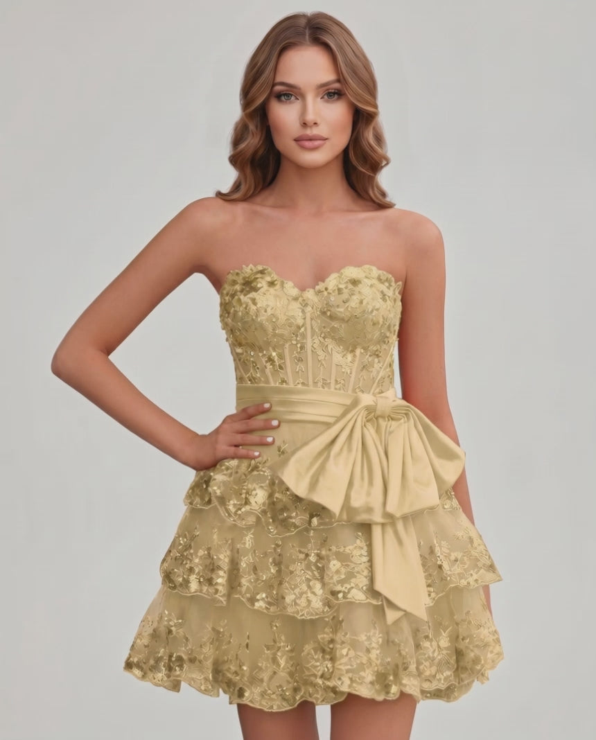 Veloura Mini Dress by Lauven — lace appliqué strapless sweetheart tiered mini dress