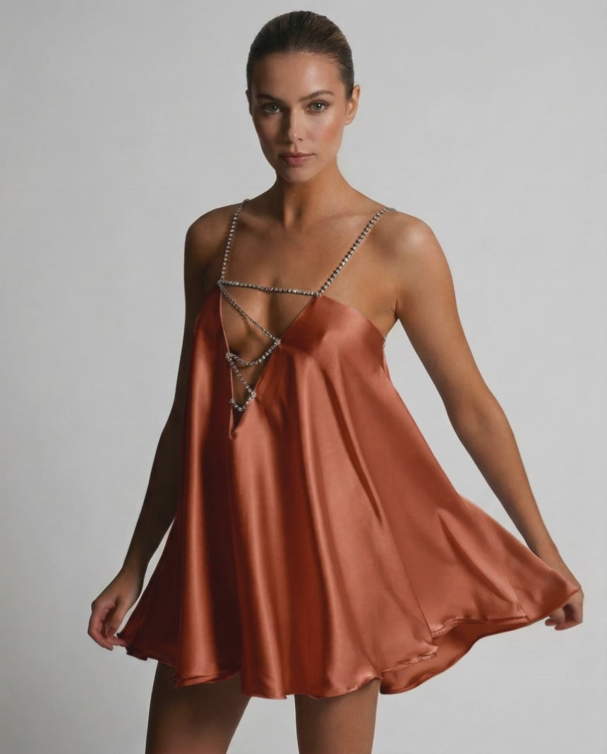 Lauven Copper Mini Dress showcasing luxurious satin A-line with rhinestone detail.