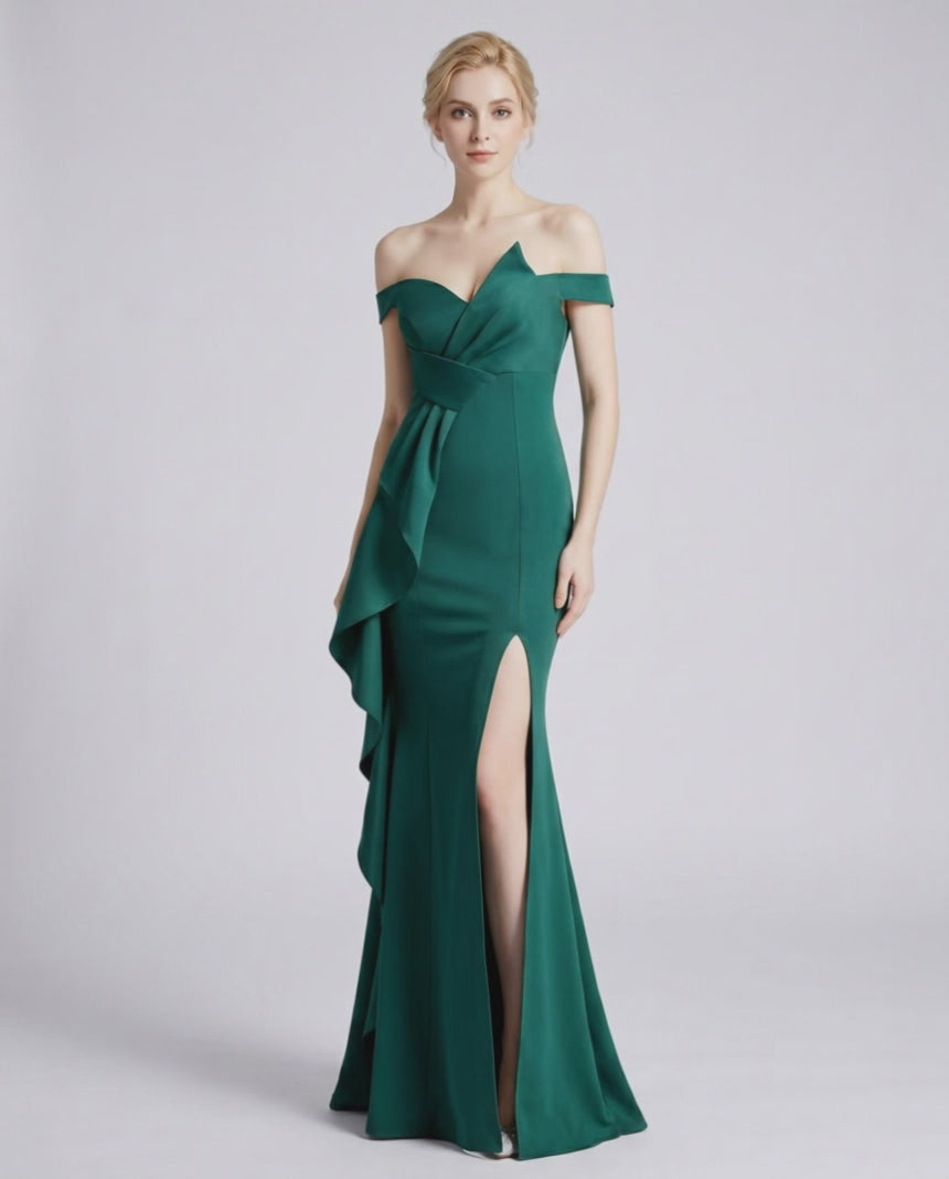 Veloura Maxi Dress by Lauven — polyester spandex off-the-shoulder mermaid maxi dress with slit