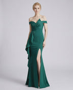 Veloura Maxi Dress by Lauven — polyester spandex off-the-shoulder mermaid maxi dress with slit