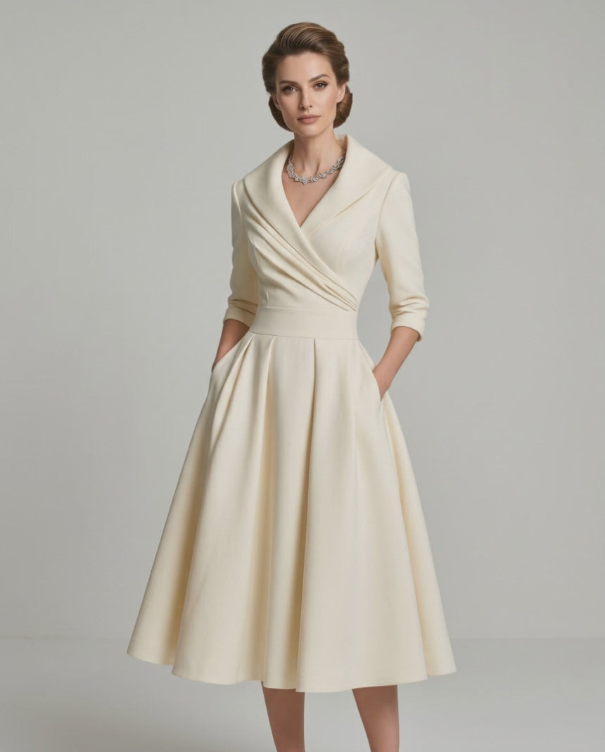 Veloura Midi Dress by Lauven — satin blend long sleeve V-neck A-line midi dress