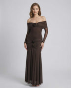 Verona Maxi Dress - Brown off shoulder dress with sheer long sleeves and elegant draping by Lauven.
