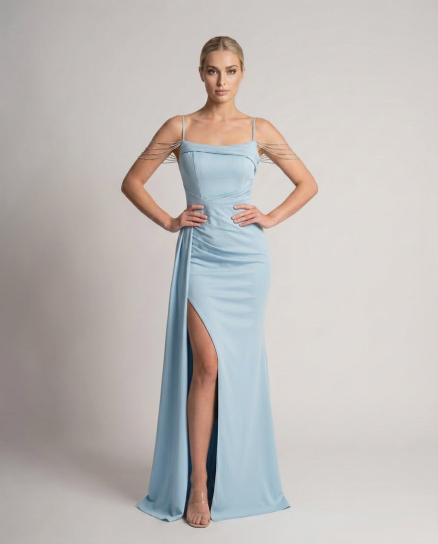 Celestia Maxi Dress by Lauven — polyester spaghetti strap mermaid maxi dress with beading and split