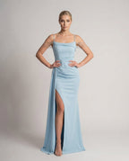 Celestia Maxi Dress by Lauven — polyester spaghetti strap mermaid maxi dress with beading and split
