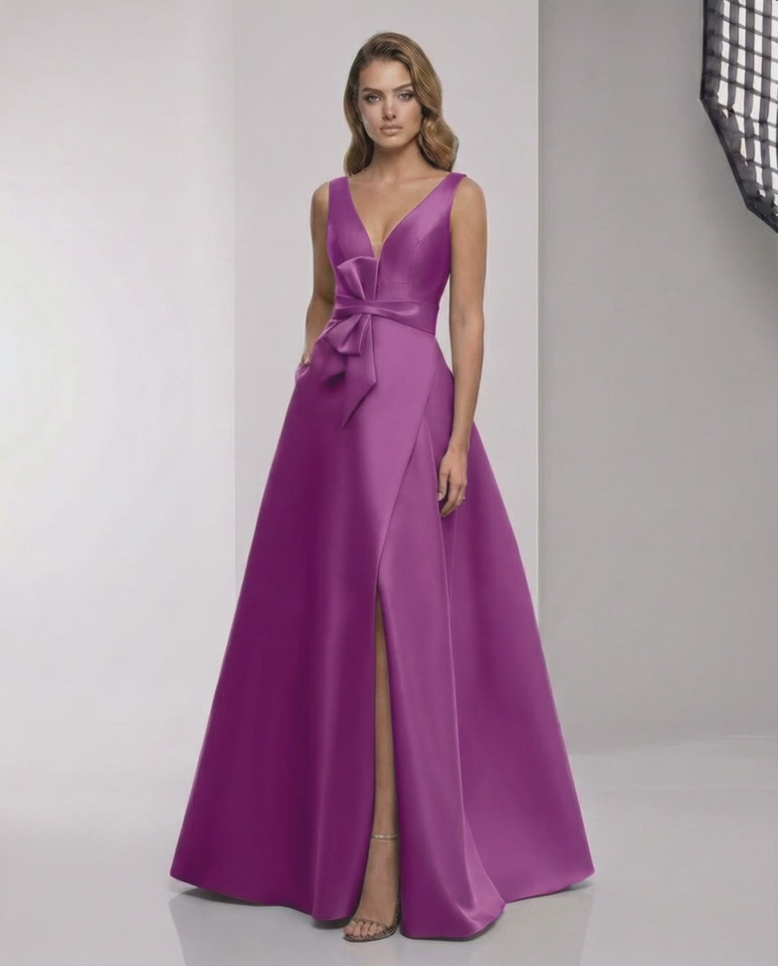 Veloura Maxi Dress - Purple Satin A-Line Dress with Wrap Slit and Bow Waist by Lauven, elegant and refined.