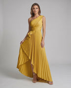 Aureline Maxi Dress by Lauven — pleated satin one shoulder A-line maxi dress with ruffle slit