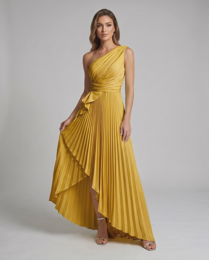 Aureline Maxi Dress by Lauven — pleated satin one shoulder A-line maxi dress with ruffle slit