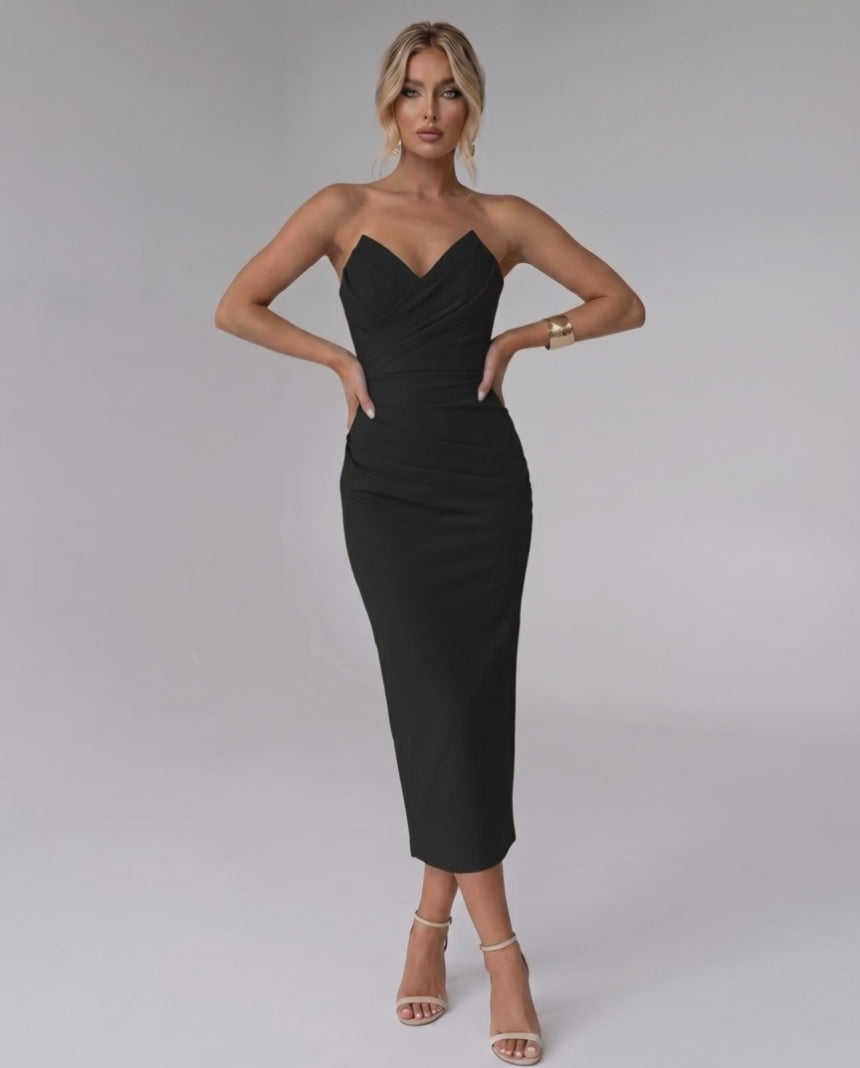 Serelle Midi Dress by Lauven — smooth stretch strapless sweetheart neck fitted midi dress