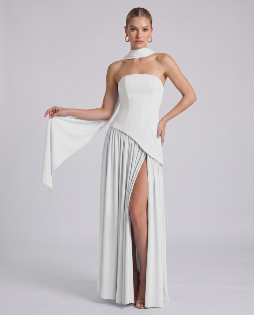 Aureline Maxi Dress by Lauven — chiffon strapless halter pleated maxi dress with slit