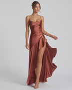 Veloura Maxi Dress by Lauven — satin spaghetti strap cowl neck bodycon maxi dress