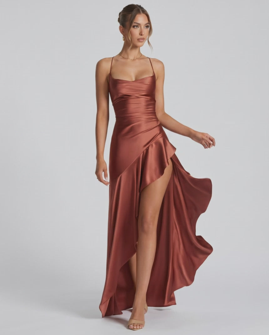 Veloura Maxi Dress by Lauven — satin spaghetti strap cowl neck bodycon maxi dress