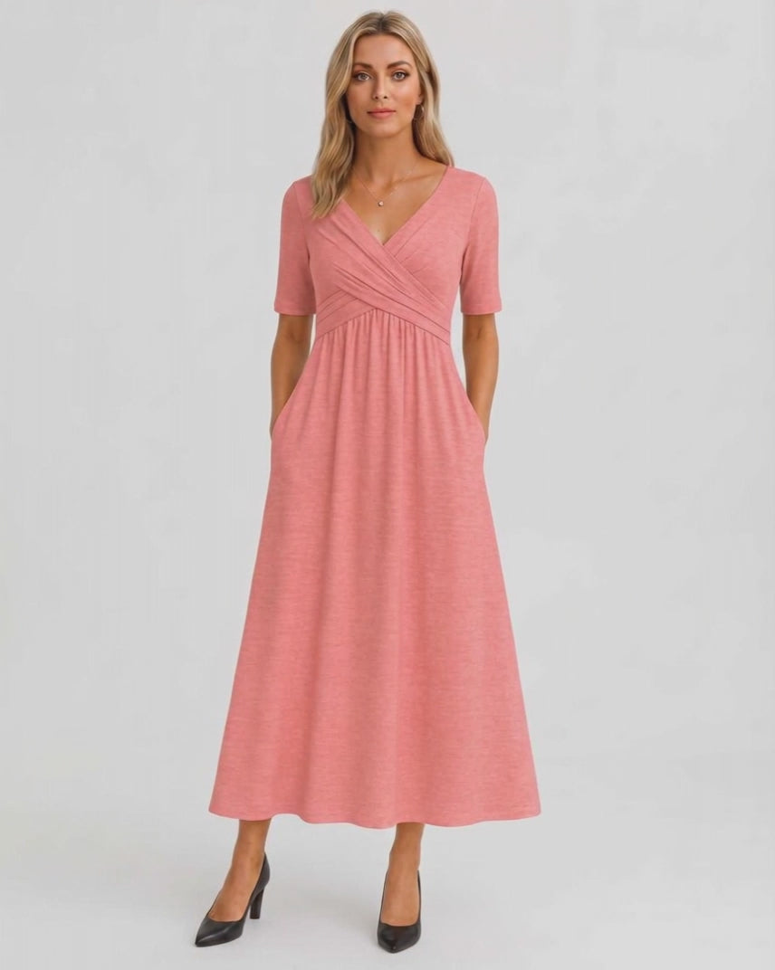 Velmira Midi Dress by Lauven — soft stretch short sleeve V-neck A-line midi dress
