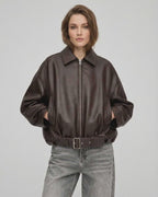 Brown Belted Jacket by Lauven - Women's oversized zip jacket with structured collar and leather-look texture.