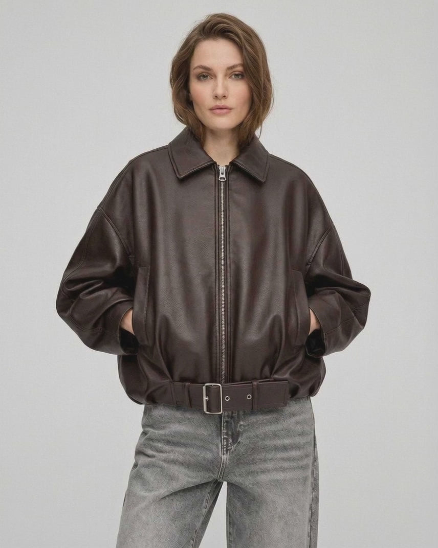 Brown Belted Jacket by Lauven - Women's oversized zip jacket with structured collar and leather-look texture.