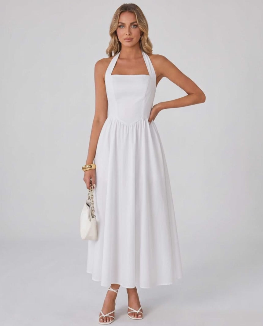 Veloura Midi Dress by Lauven — satin blend sleeveless square neck A-line midi dress