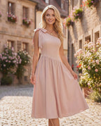 Aveline Midi Dress by Lauven — chiffon sleeveless asymmetric one-shoulder A-line midi dress