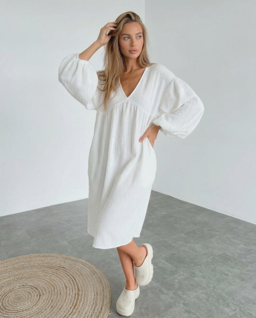 Sienna Midi Dress in white cotton, featuring puff sleeves for relaxed elegance, designed by Lauven.