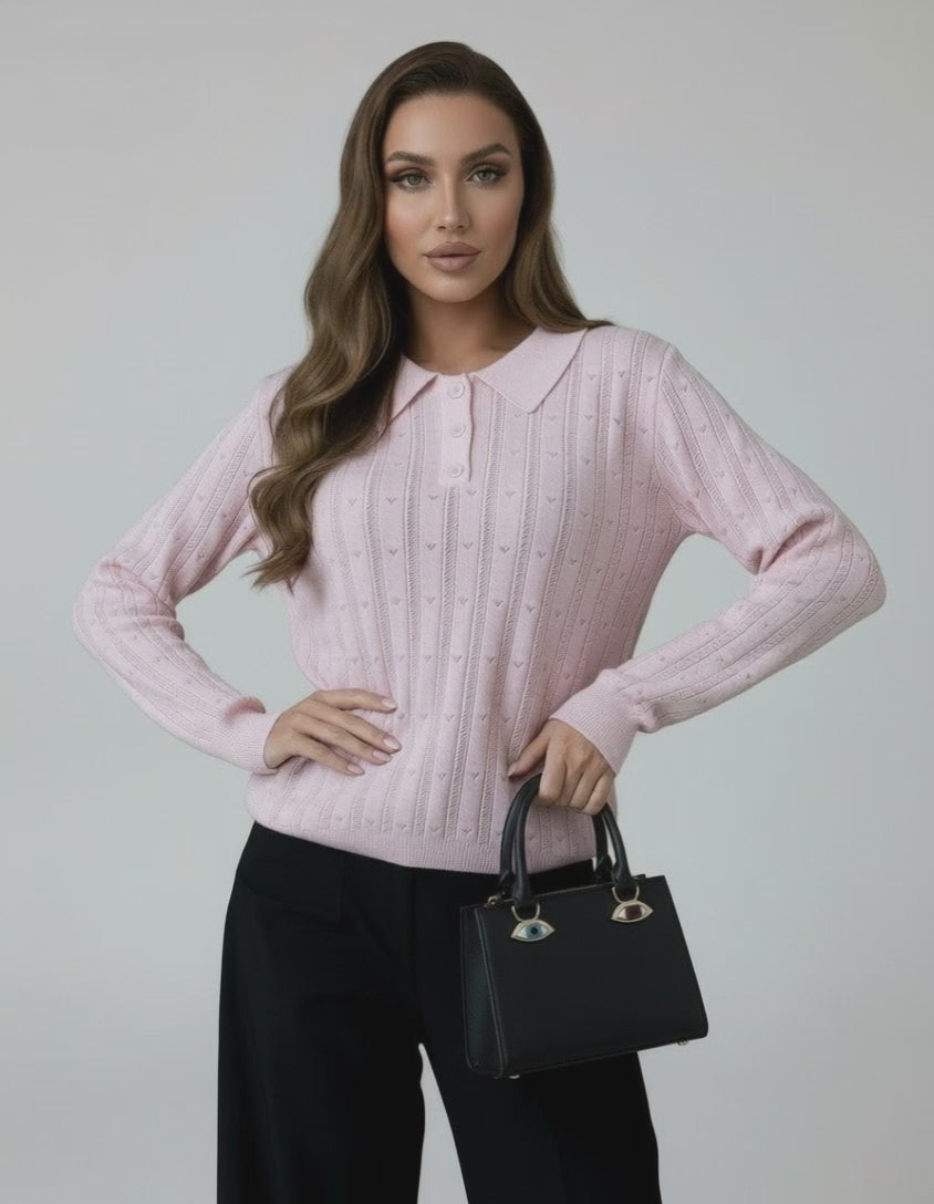 Elara Sweater by Lauven - Women's pink collared knit sweater with long sleeves and textured design.