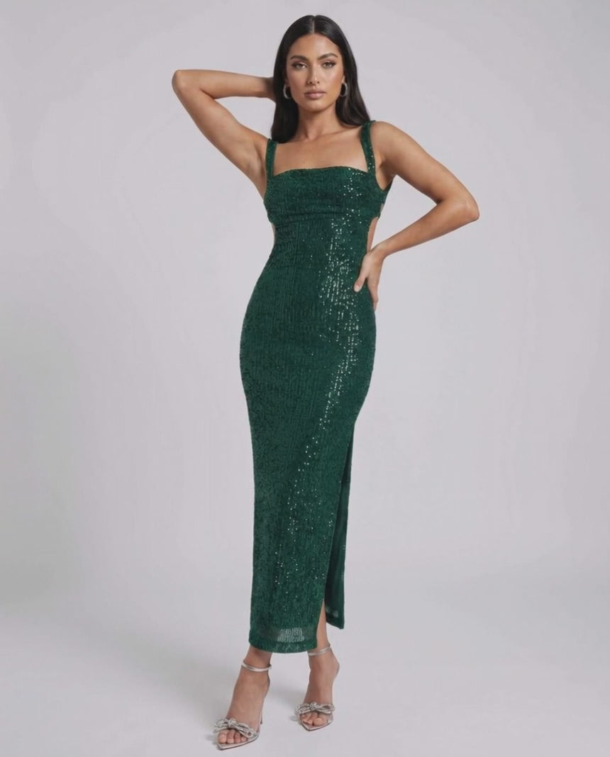 Nara Midi Dress by Lauven in emerald green with sequined glamour, featuring a square neckline and crisscross back.