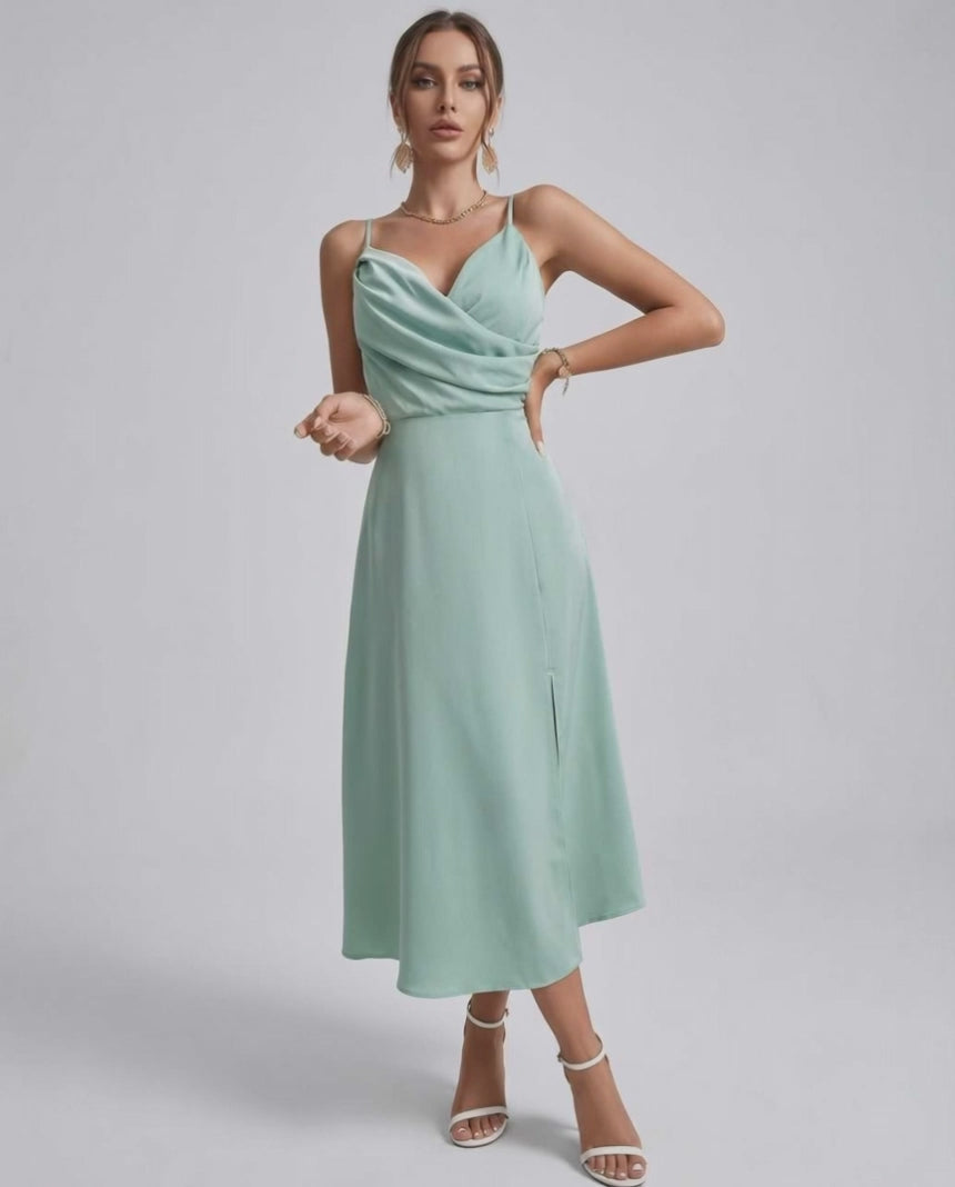 Selene Midi Dress in mint green satin, featuring refined spaghetti straps and a draped bodice, perfect for weddings by Lauven.
