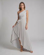 Aureline Maxi Dress by Lauven — pleated satin one shoulder A-line maxi dress with ruffle slit