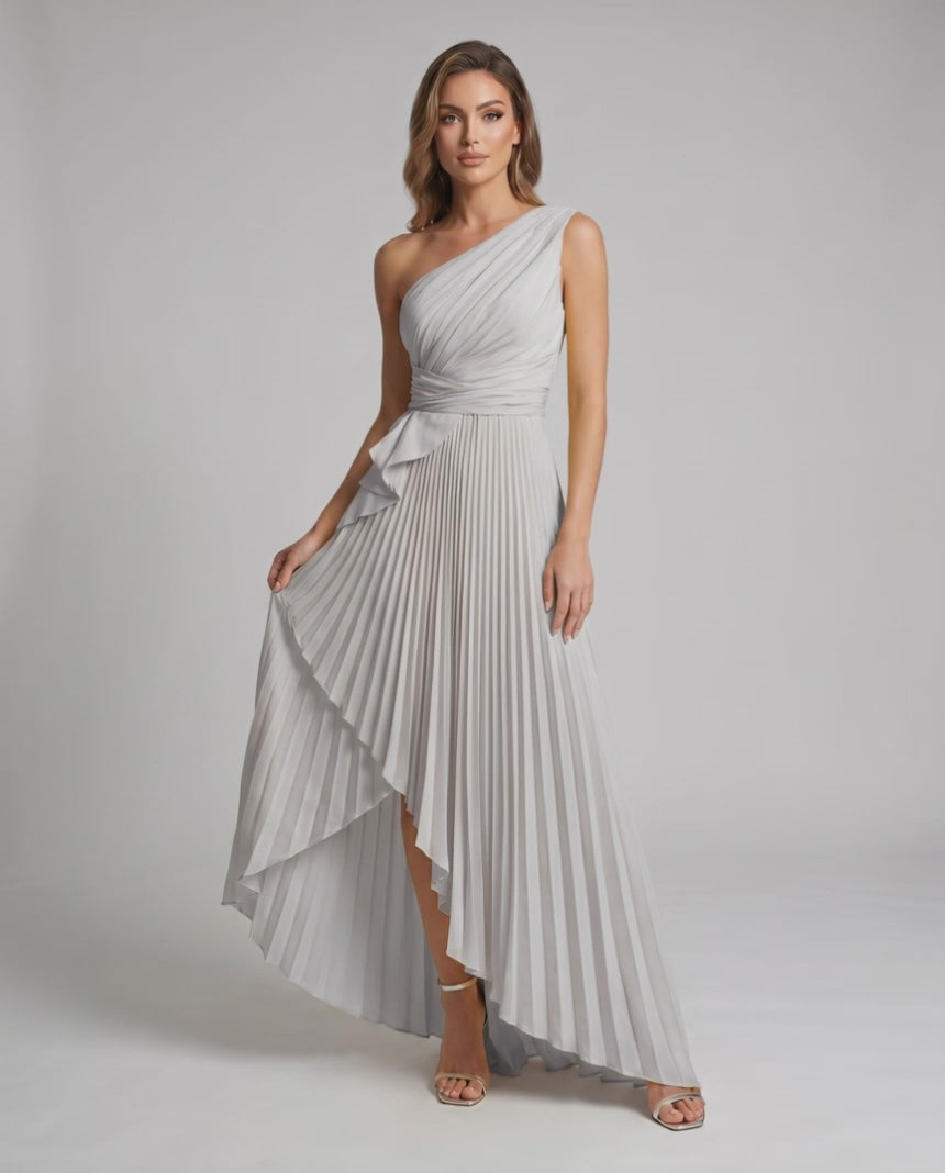 Aureline Maxi Dress by Lauven — pleated satin one shoulder A-line maxi dress with ruffle slit