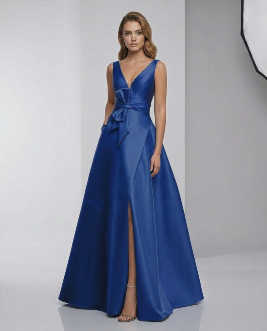 Sapphire Maxi Dress featuring a satin A-line silhouette, deep V-neckline, and elegant floor-length design by Lauven.