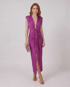 Aurelle Maxi Dress by Lauven — lightweight sleeveless deep v neck fitted maxi dress with pleats and slit