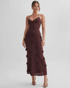 Rosette Maxi Dress by Lauven — textured polyester knit sleeveless V-neck floral maxi dress