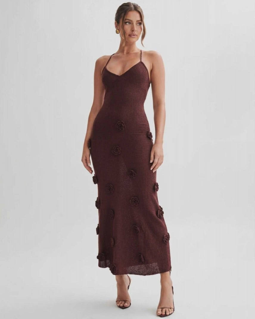 Rosette Maxi Dress by Lauven — textured polyester knit sleeveless V-neck floral maxi dress