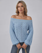 Veloura Sweater by Lauven — women’s off shoulder knit sweater with lantern sleeves and hollow knit texture