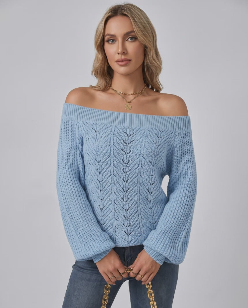 Veloura Sweater by Lauven — women’s off shoulder knit sweater with lantern sleeves and hollow knit texture