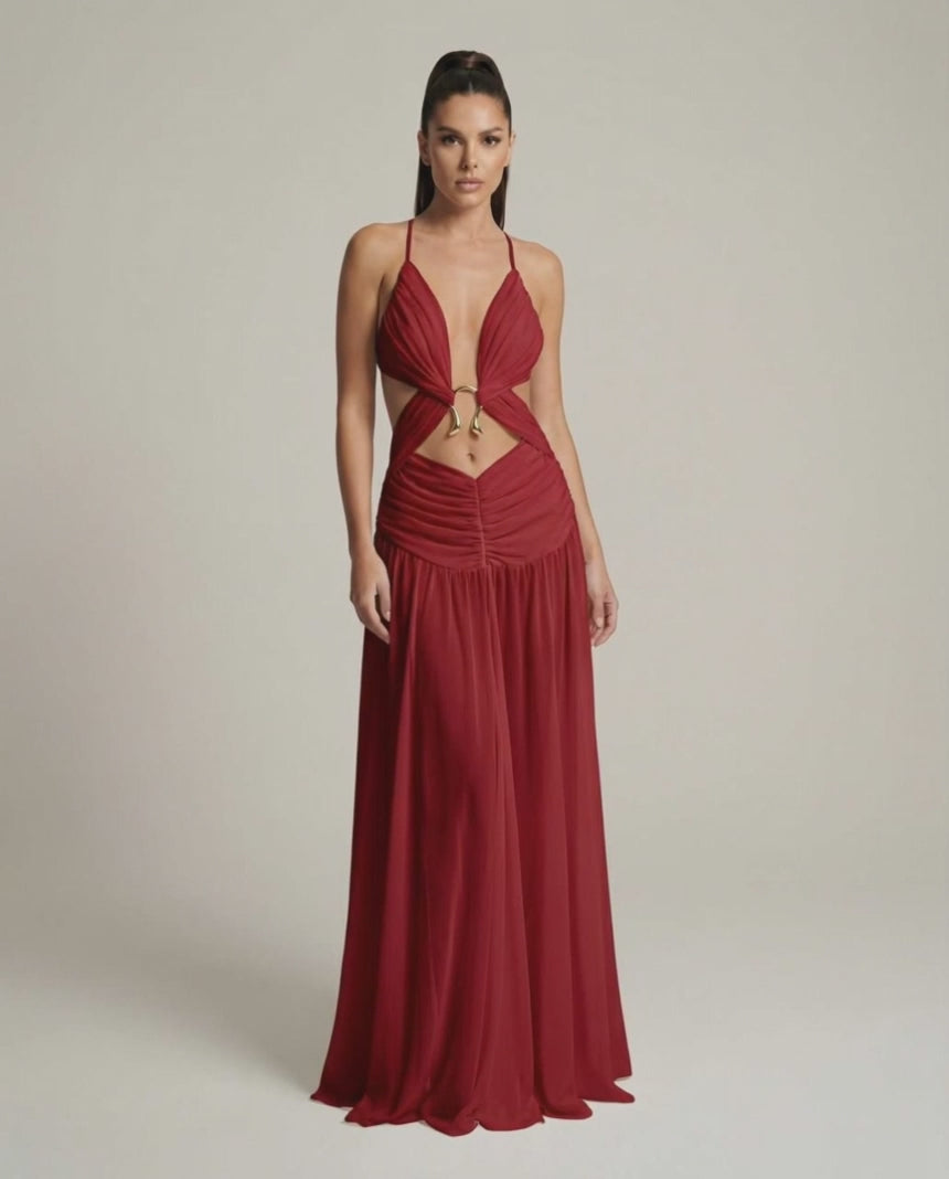 Roselle Maxi Dress in red with deep V-neck, cut-out details, and flowing silhouette by Lauven, perfect for elegant occasions.