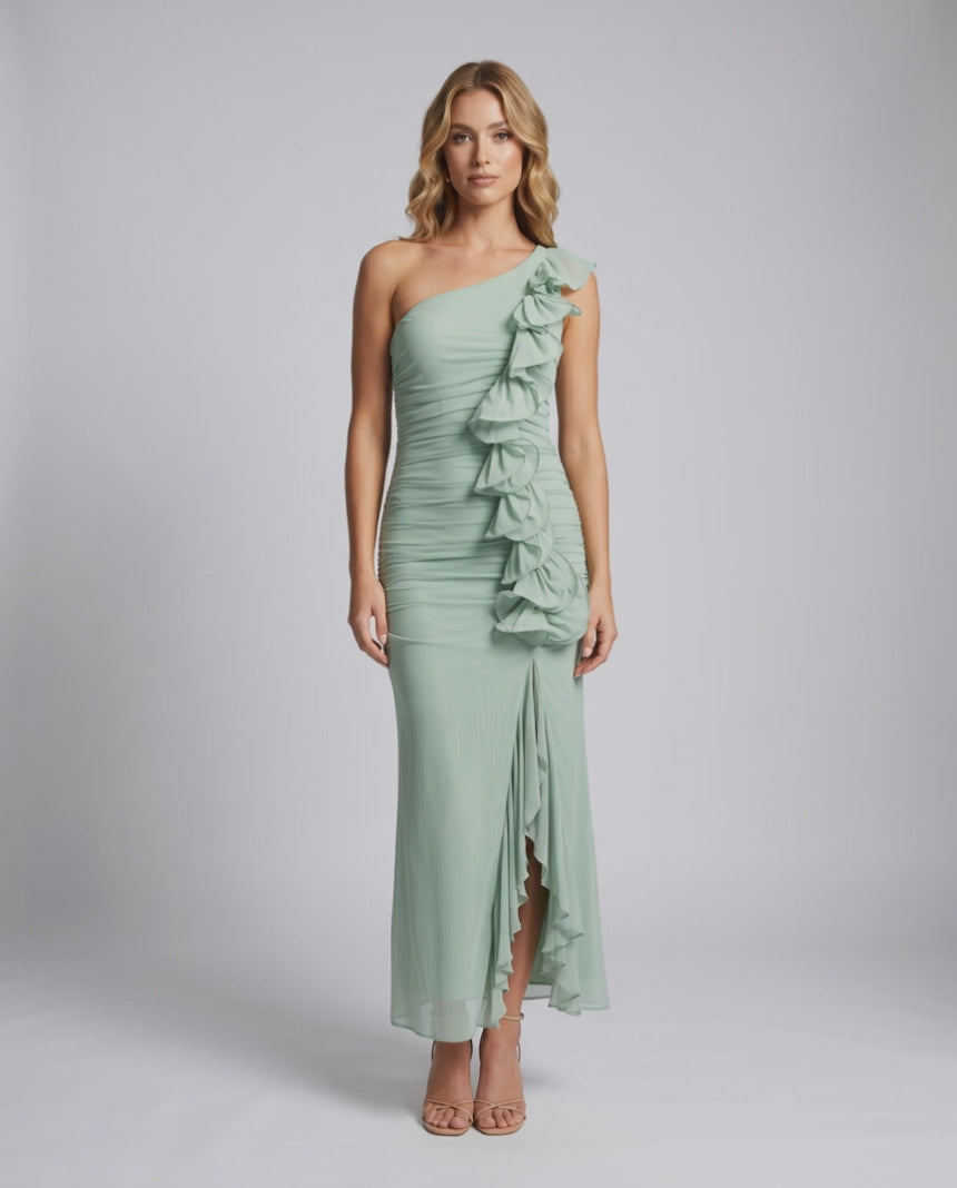 Veloura Maxi Dress by Lauven — chiffon sleeveless one-shoulder draped maxi dress
