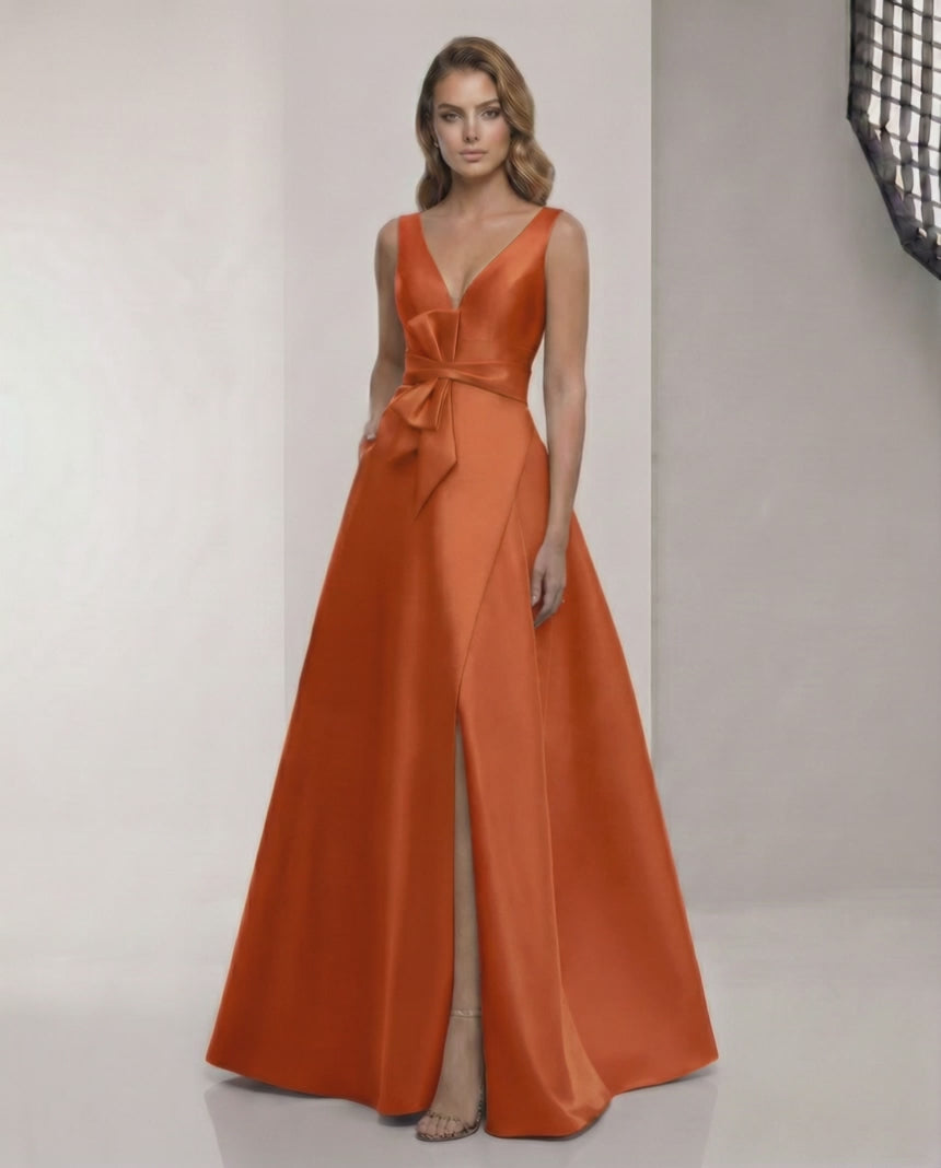 Elaris Maxi Dress - Elegant orange satin dress with A-line silhouette, wrap slit, bow waist. From Lauven brand.