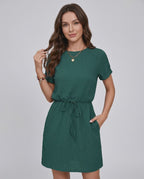 Aveline Mini Dress by Lauven — textured short sleeve round neck A-line mini dress with tie waist