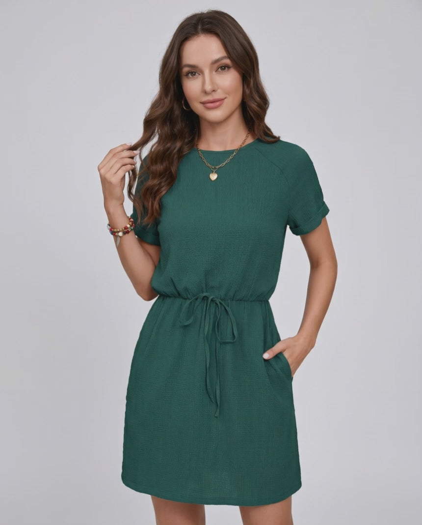 Aveline Mini Dress by Lauven — textured short sleeve round neck A-line mini dress with tie waist